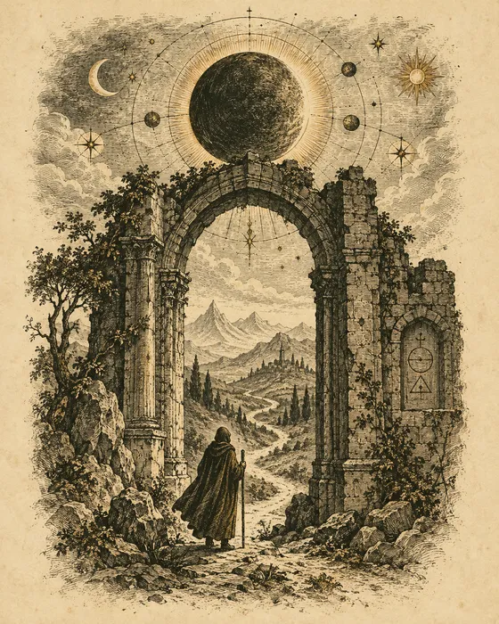 Grabado de un viajero ante un arco de piedra. Un sendero se pierde entre montañas, bajo un eclipse y símbolos celestes.